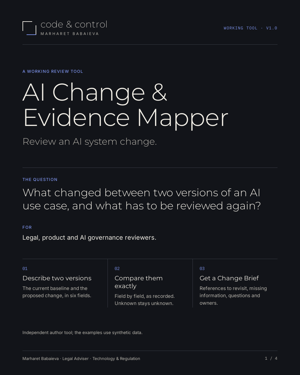 AI Change & Evidence Mapper — a four-page guide by Marharet Babaieva.